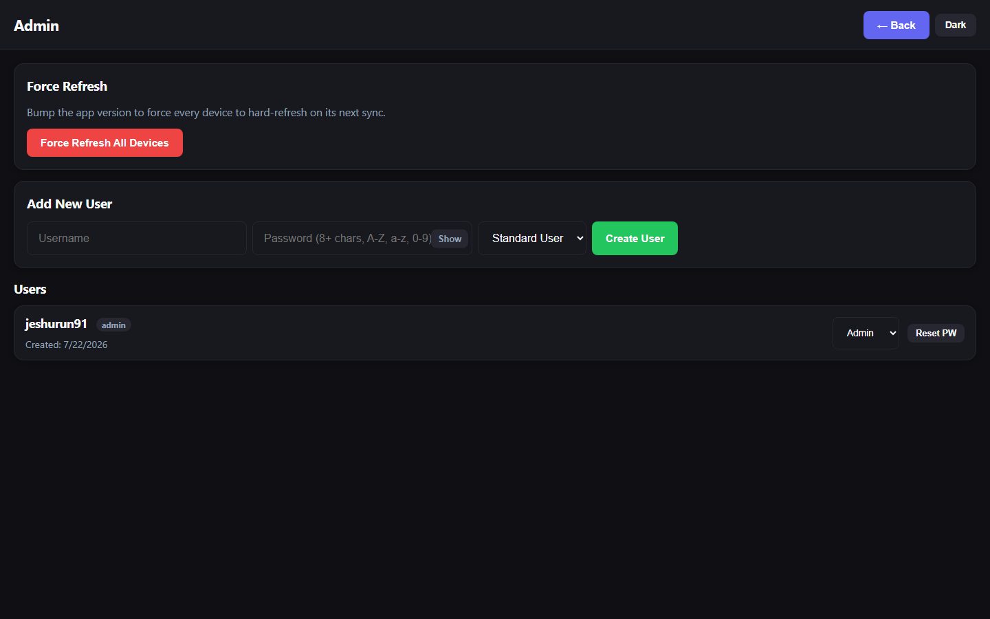 Admin panel — user management and roles