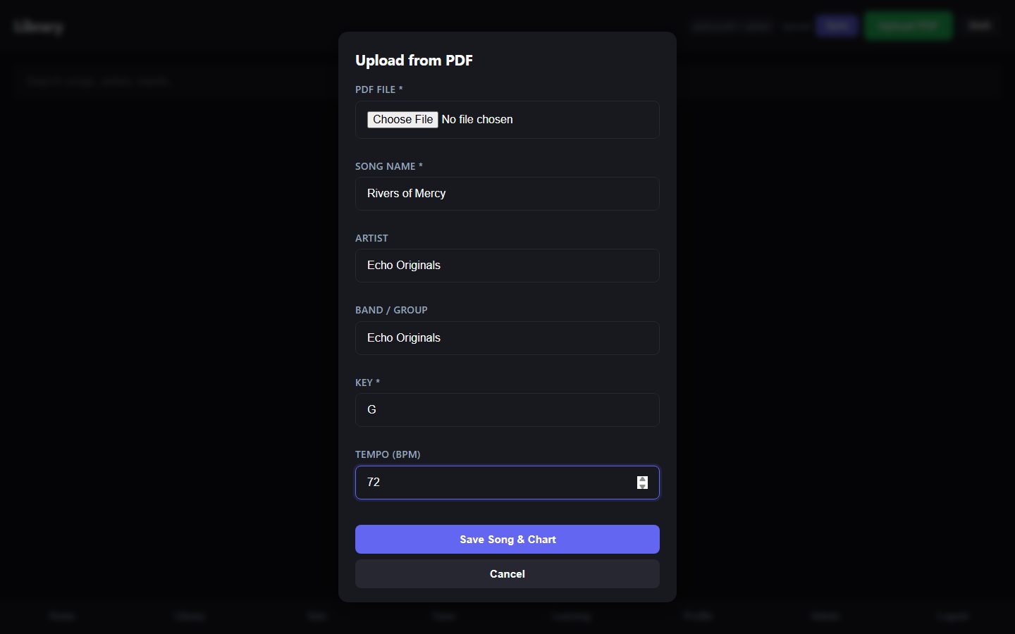 Chord-chart PDF upload with automatic metadata extraction