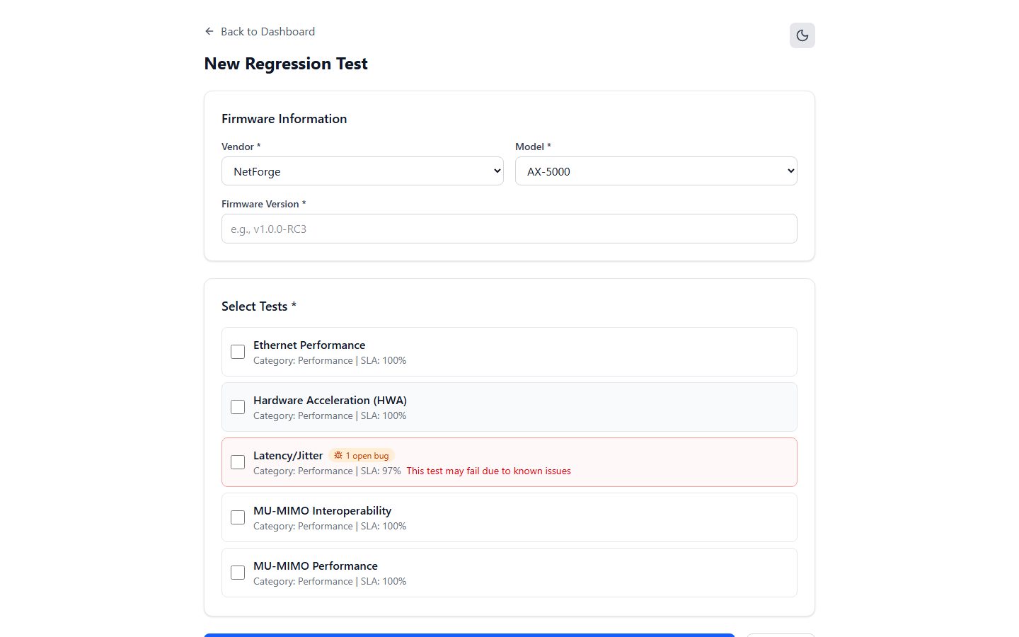 New test wizard — bugs linked to a model surface as early warnings